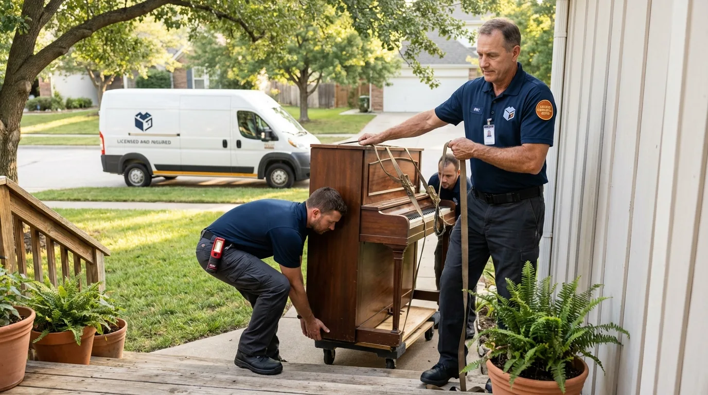 Licensed piano movers securing grand piano in Baldwinville, MA