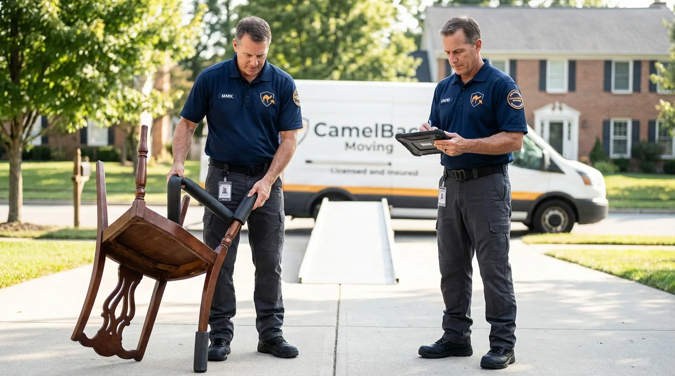 Movers inspecting furniture for damage prevention before loading in Baldwinville, MA