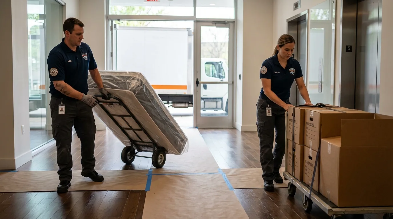 Professional apartment movers loading elevator in Baldwinville, MA