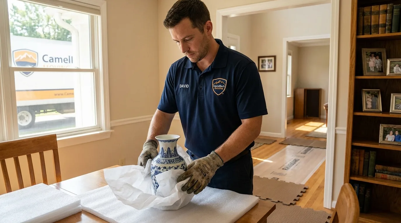 Professional crew carefully wrapping antique vase for senior downsizing move in Baldwinville, MA