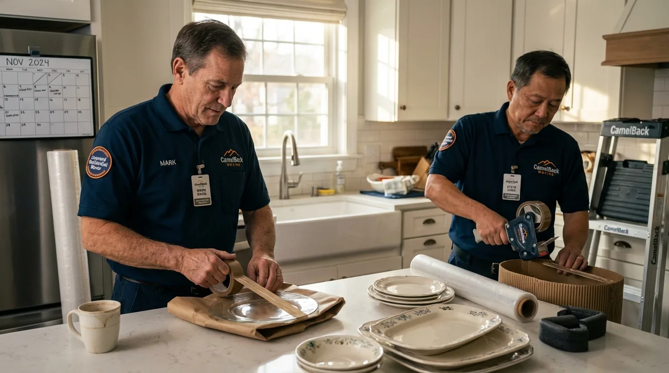Professional crew packing kitchen dishware in Baldwinville, MA
